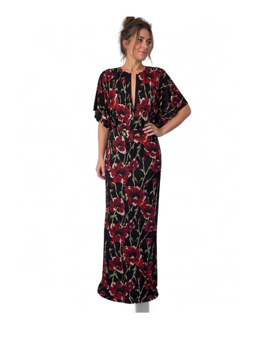 Red Floral Maxi Dress with Keyhole Neckline